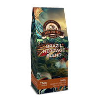 Brazil single origin coffee in a decorative packaging featuring Brazilian landscapes and vibrant colors.
