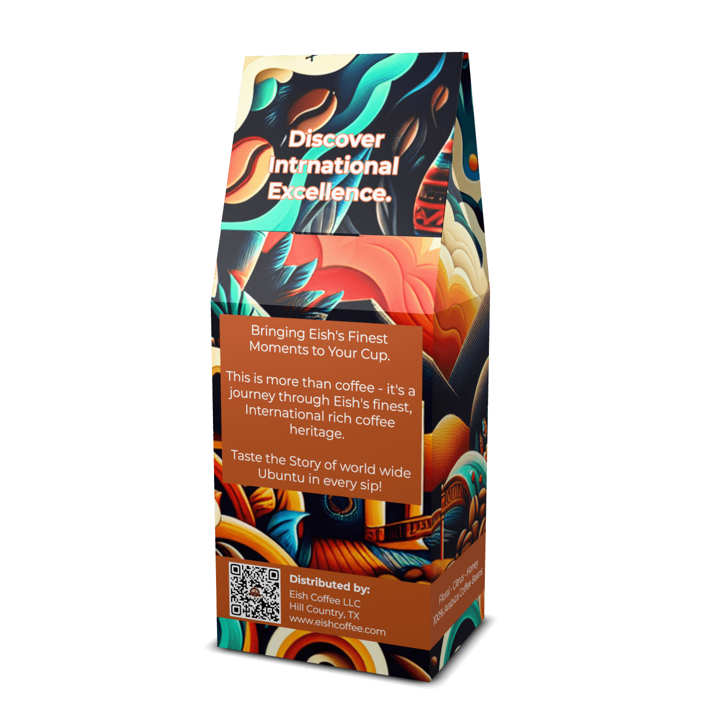Packaging of Eish Coffee featuring vibrant artwork and text about international coffee excellence.