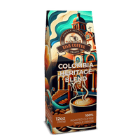 Colombian single origin coffee bag featuring Colombia Heritage Blend from Eish Coffee with vibrant artwork.