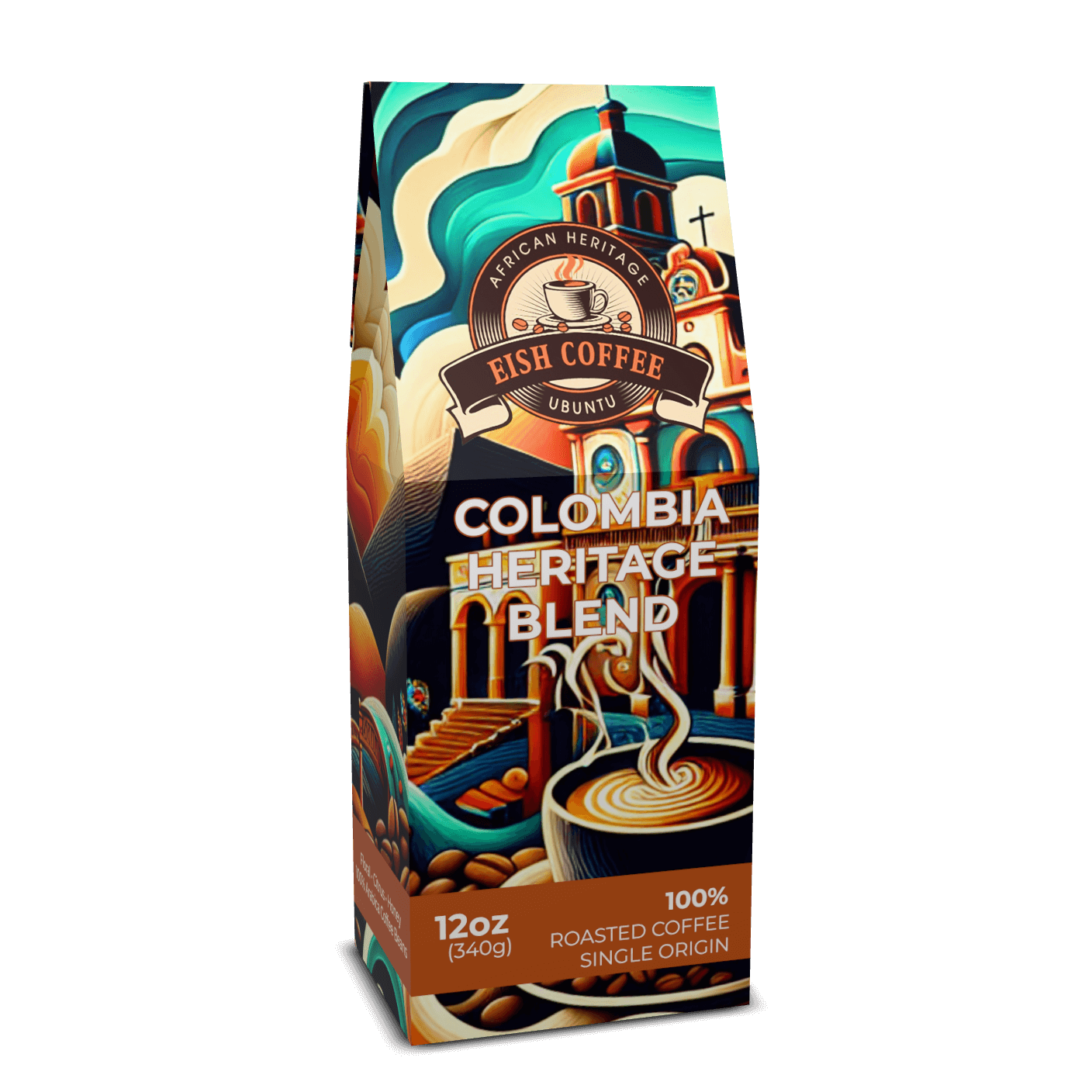 Colombian single origin coffee bag featuring Colombia Heritage Blend from Eish Coffee with vibrant artwork.