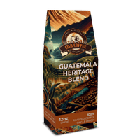 GUATAMALA SINGLE ORIGIN LIGHT‑MEDIUM ROAST coffee package design, featuring 100% roasted coffee with vibrant graphics.