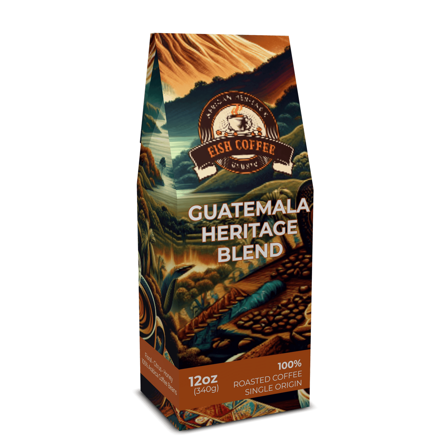 GUATAMALA SINGLE ORIGIN LIGHT‑MEDIUM ROAST coffee package design, featuring 100% roasted coffee with vibrant graphics.
