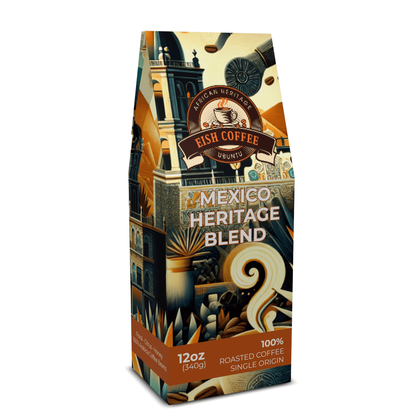 Mexico single origin coffee bag featuring Mexico Heritage Blend, 100% roasted coffee in artistic packaging.