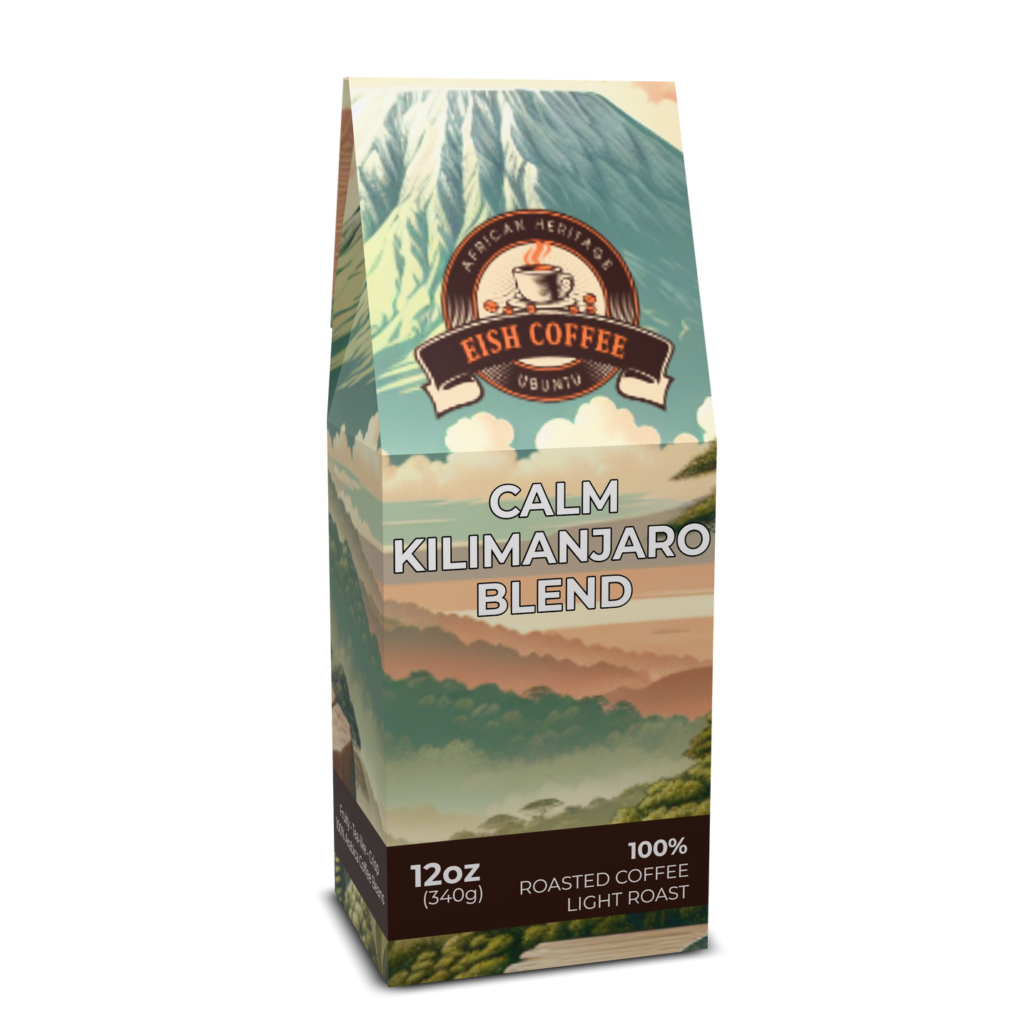 CALM KILIMANJARO BLEND coffee bag showcasing premium roasted coffee beans in a vibrant design.