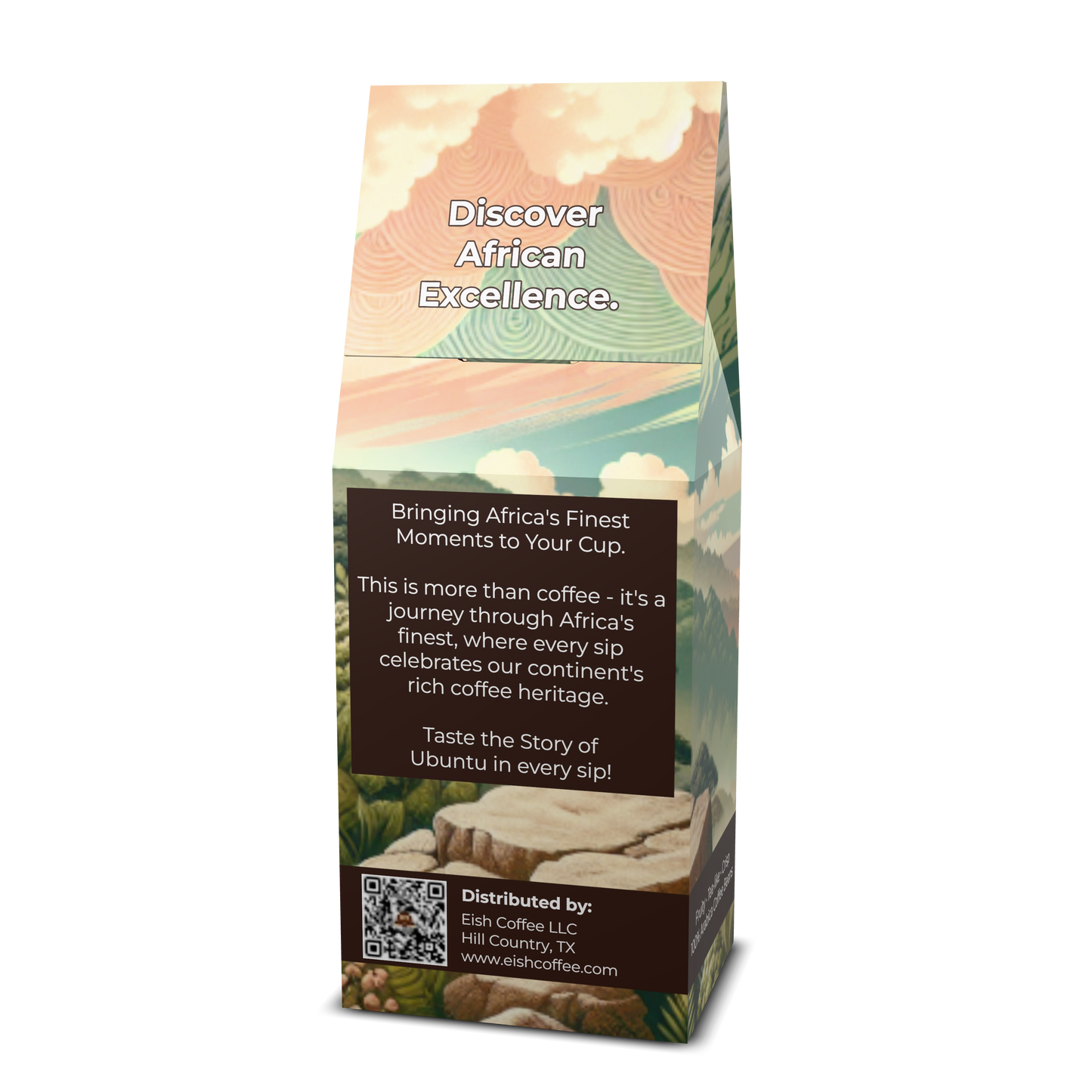 Discover African Excellence on coffee packaging showcasing rich coffee heritage and Ubuntu in every sip.