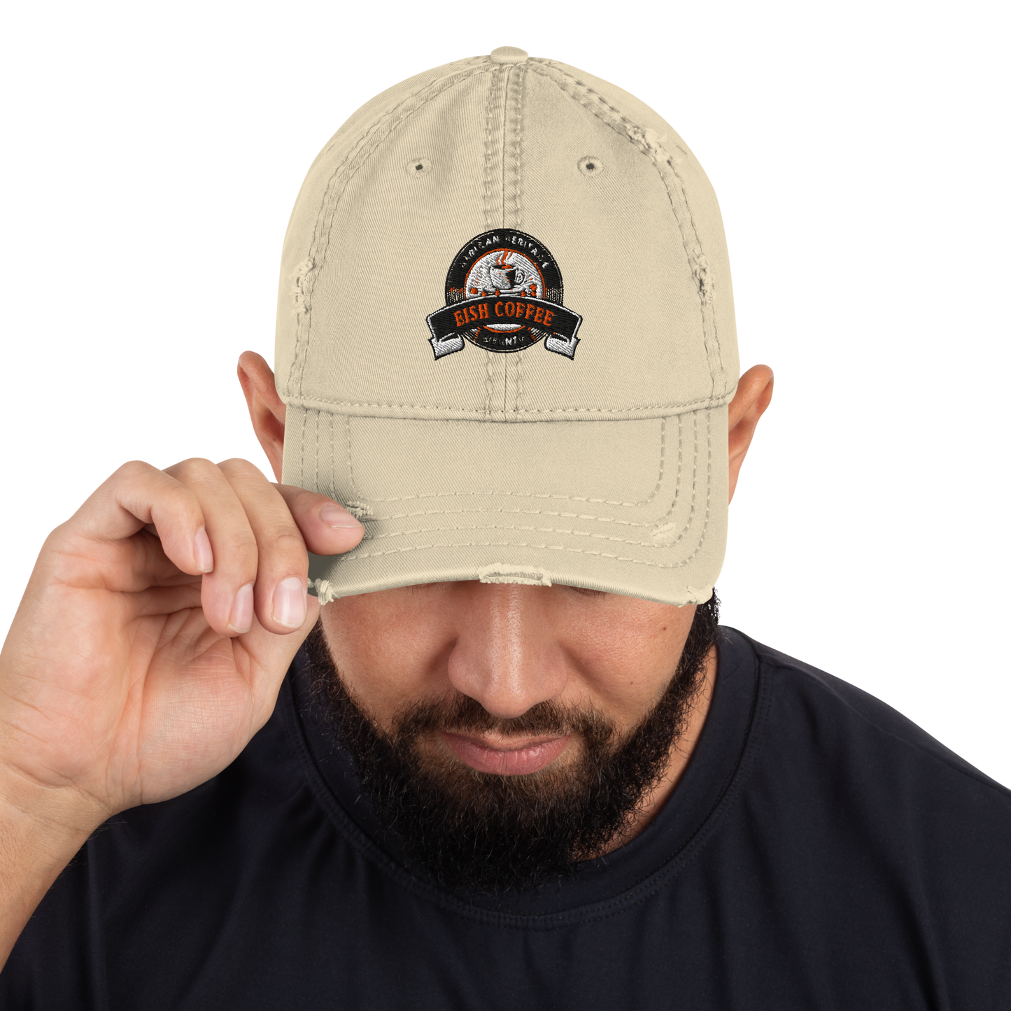 Distressed Dad Hat featuring fish coffee logo worn by a man adjusting the brim.