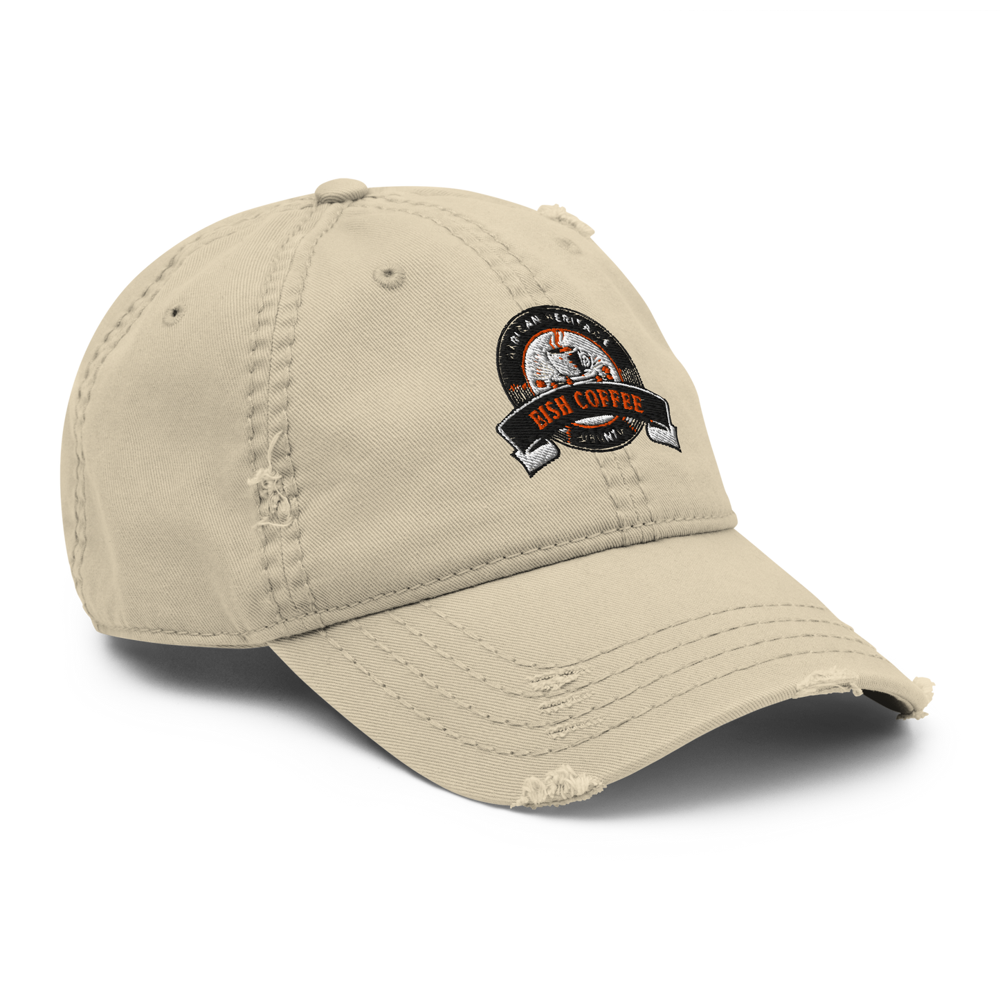 Distressed Dad Hat featuring a unique coffee-themed design on a beige cotton twill cap.