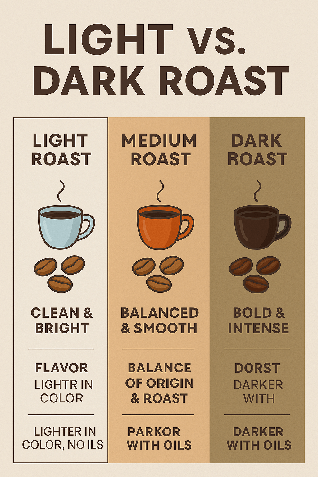 Light vs. Dark Roast: What’s the Real Difference? infographic comparing coffee roasts.