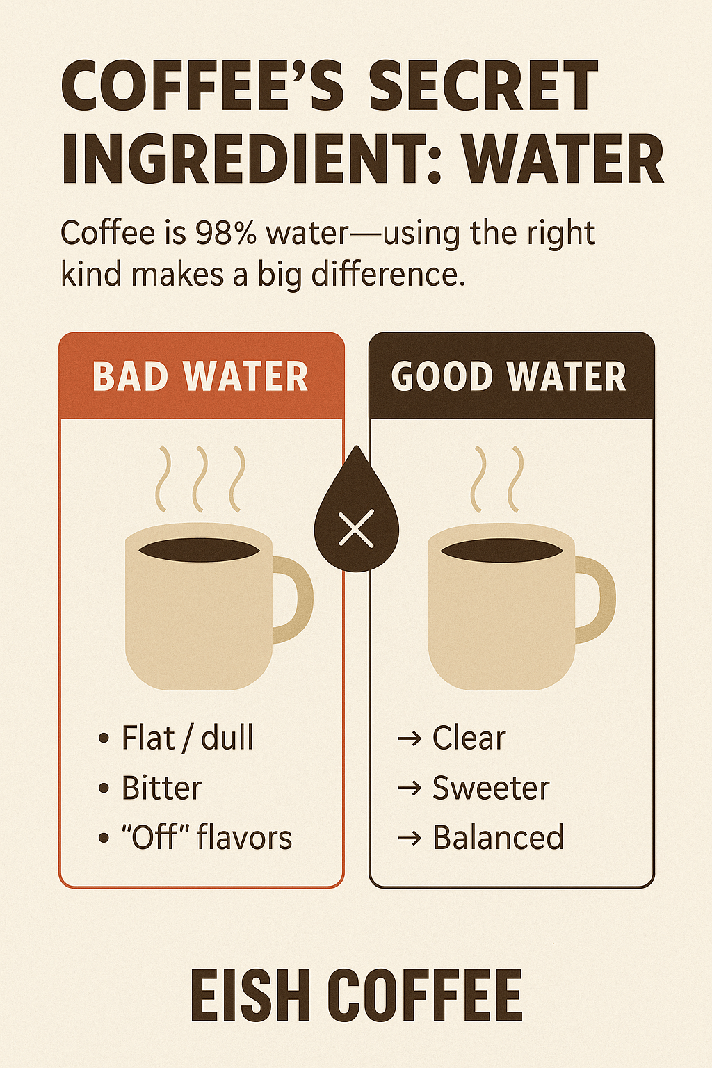 The Most Overlooked Step in Brewing: Water Quality illustrated with bad and good water for coffee.