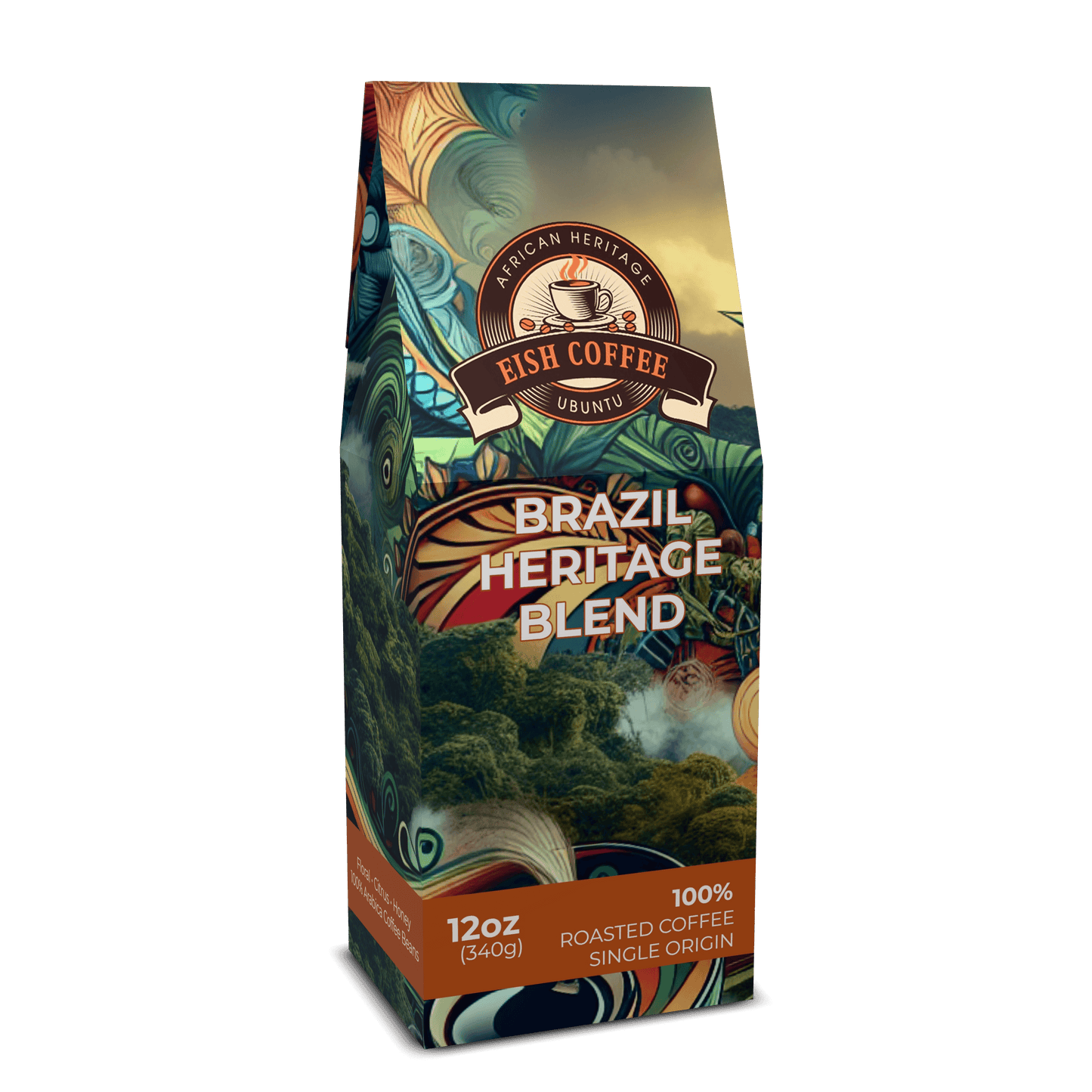 Brazil single origin coffee in a decorative packaging featuring Brazilian landscapes and vibrant colors.