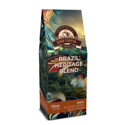 Brazil single origin coffee in a decorative packaging featuring Brazilian landscapes and vibrant colors.