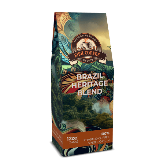 Brazil single origin coffee in a decorative packaging featuring Brazilian landscapes and vibrant colors.