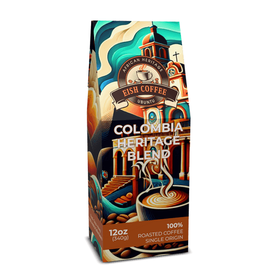 Colombian single origin coffee bag featuring Colombia Heritage Blend from Eish Coffee with vibrant artwork.