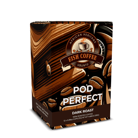 EISH DARK COFFEE PODS packaging, featuring dark roast coffee, baker's chocolate, and caramelized sugar flavors.
