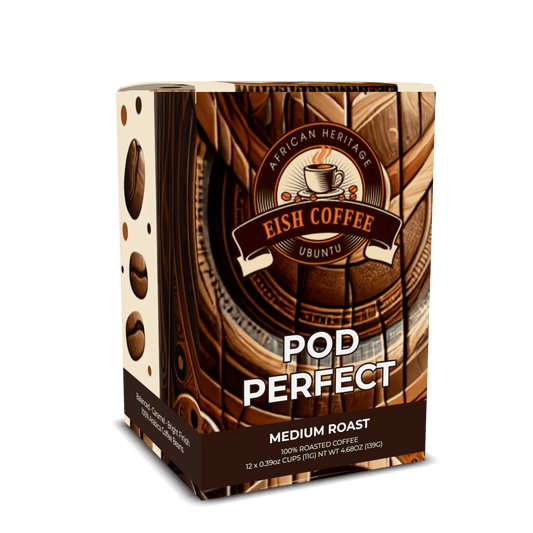 EISH MEDIUM COFFEE PODS packaging featuring chocolate almond blend and tasting notes of maple syrup sweetness, medium roast coffee pods.