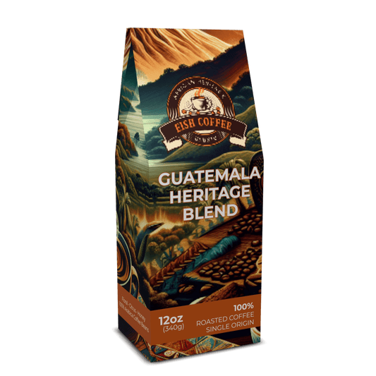 GUATAMALA SINGLE ORIGIN LIGHT‑MEDIUM ROAST coffee package design, featuring 100% roasted coffee with vibrant graphics.