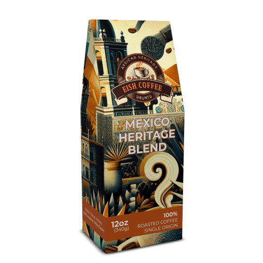 Mexico single origin coffee bag featuring Mexico Heritage Blend, 100% roasted coffee in artistic packaging.