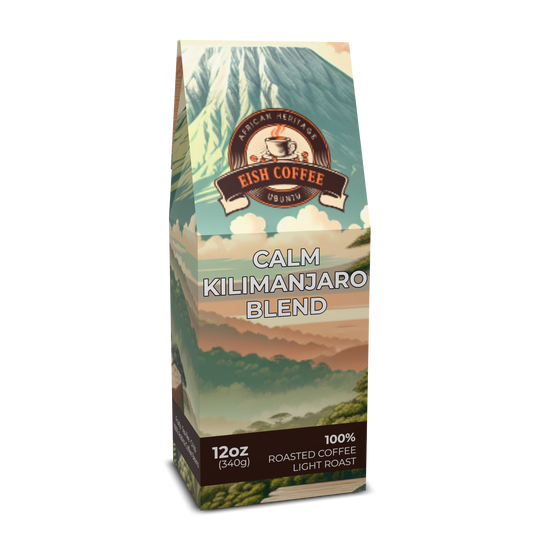 CALM KILIMANJARO BLEND coffee bag showcasing premium roasted coffee beans in a vibrant design.